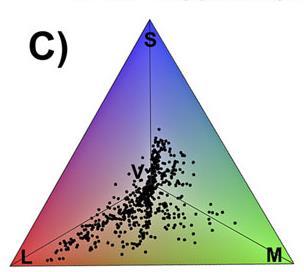 a) Tetrahedral color space in frontal view, with all plumages