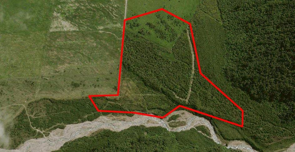 FIGURE 2: Detail of the areas searches for lizards: Upper: Area of cut-over podocarp/hardwood forest with extensive forest margins on shingle fan at Robinson Slip.