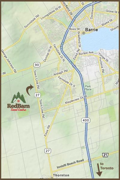 Directions to the Red Barn Event Centre: 8464 County Road 27, Barrie, ON L4M 4S7 Please do not use address in GPS, use these GPS coordinates: lat 44.344860 long - 79.
