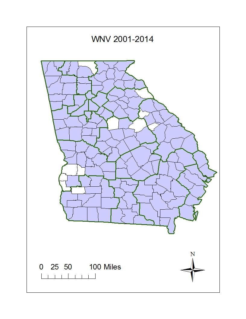 190 180 WNV in Companion Animals and Livestock, GA 2001-2018 170 160 150 140 The map shows counties reporting WNV+ birds, horses and other livestock or companion animals, mosquitoes, and humans.