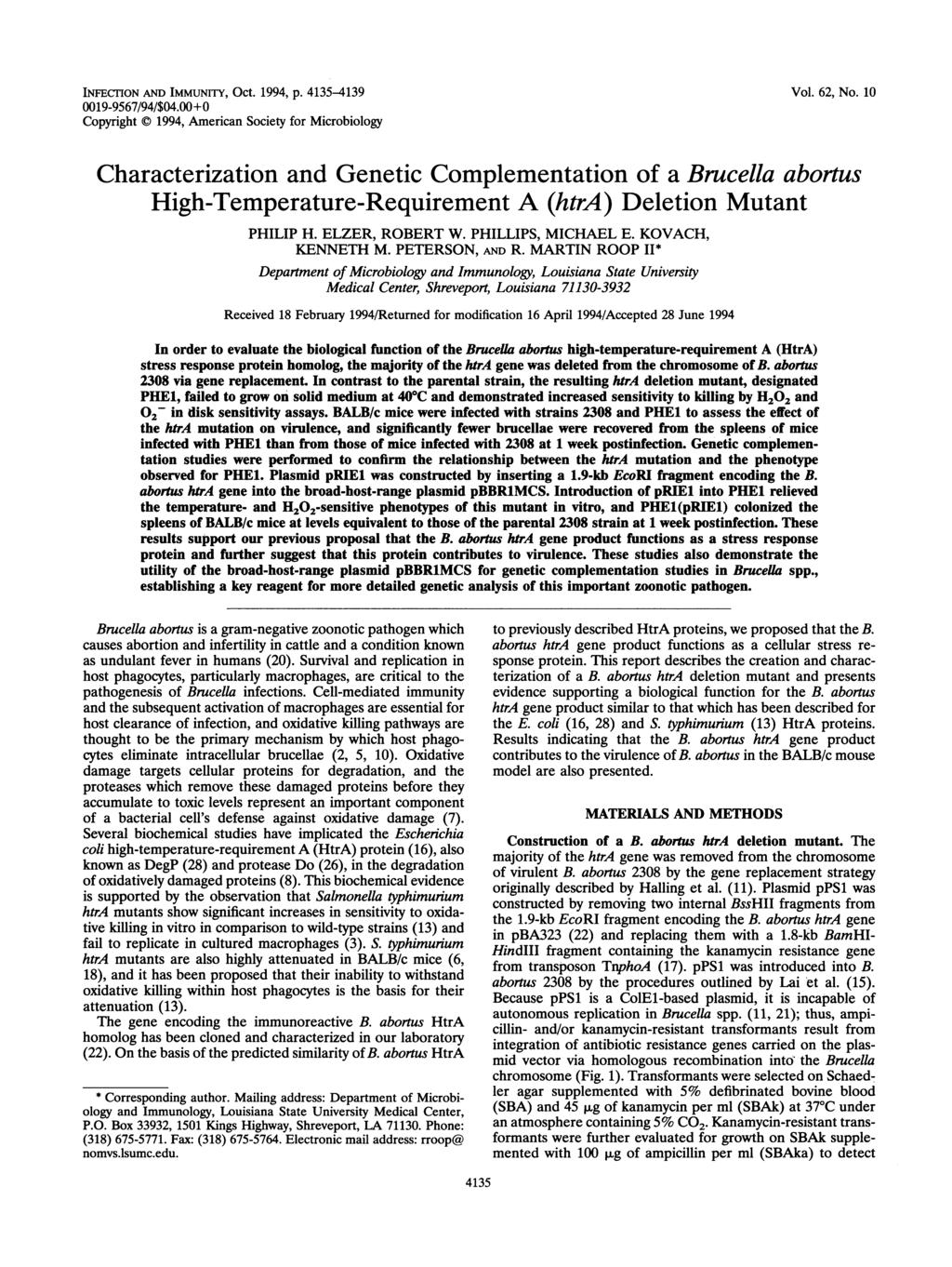 INFECrION AND IMMUNITY, Oct. 1994, p. 4135-4139 0019-9567/94/$04.00+0 Copyright 1994, American Society for Microbiology Vol. 62, No.