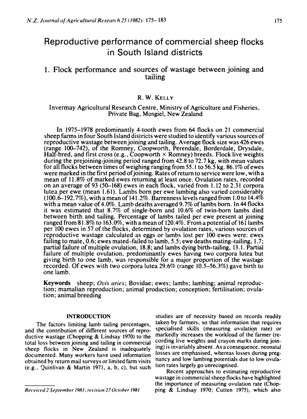 N.Z. Journal of Agricultural Research 25 (1982): 175-183 175 Reproductive performance of commercial sheep flocks in South Island districts 1.