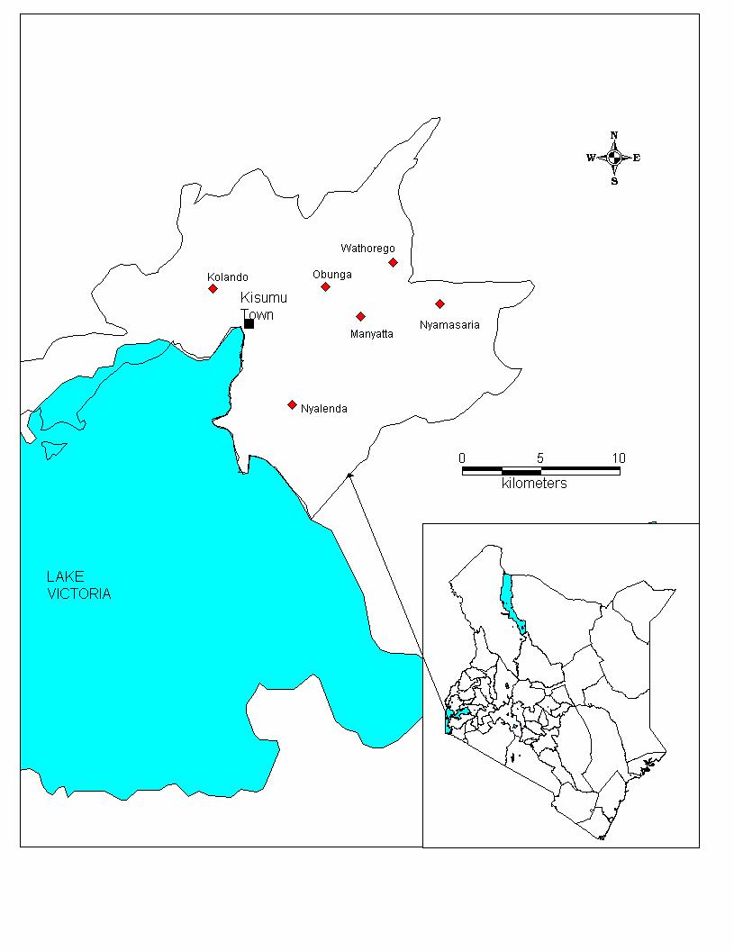 Fig. 1: Location of the study sites randomly selected within Kisumu Municipality and and the Peri-urban area.