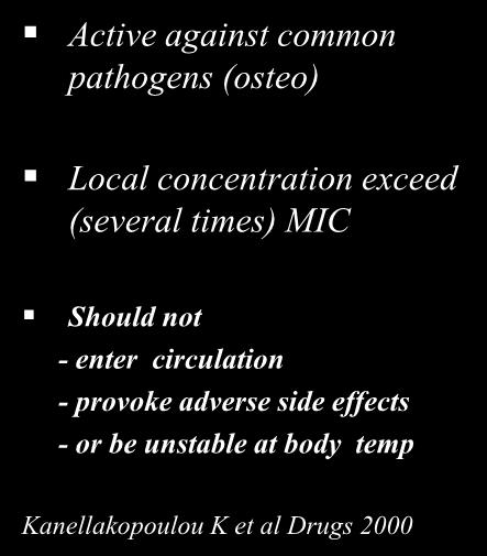 Local Antibiotic Delivery Active against common pathogens (osteo) Local concentration exceed (several times) MIC Should