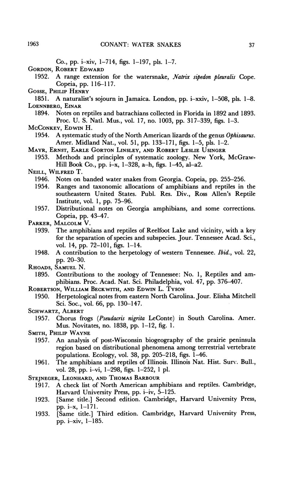 1963 CONANT: WATER SNAKES 37 Co., pp. i-xiv, 1-714, figs. 1-197, pis. 1-7. GORDON, ROBERT EDWARD 1952. A range extension for the watersnake, Natrix sipedon pleuralis Cope. Copeia, pp. 116-117.