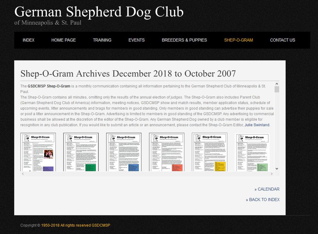 Back to the Index Page. If you click on the Shep-O-Gram you will get a menu listing all of the issues going back to Oct 2007.