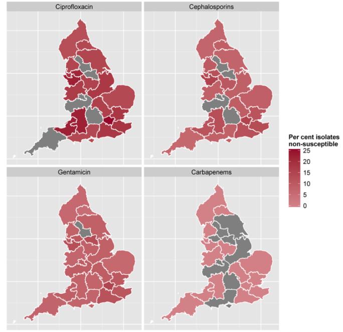 Resistance in Escherichia coli Proportion resistance stable Increased rate of bacteraemias & antibiotic resistant bacteraemias Regional variation across the country E.