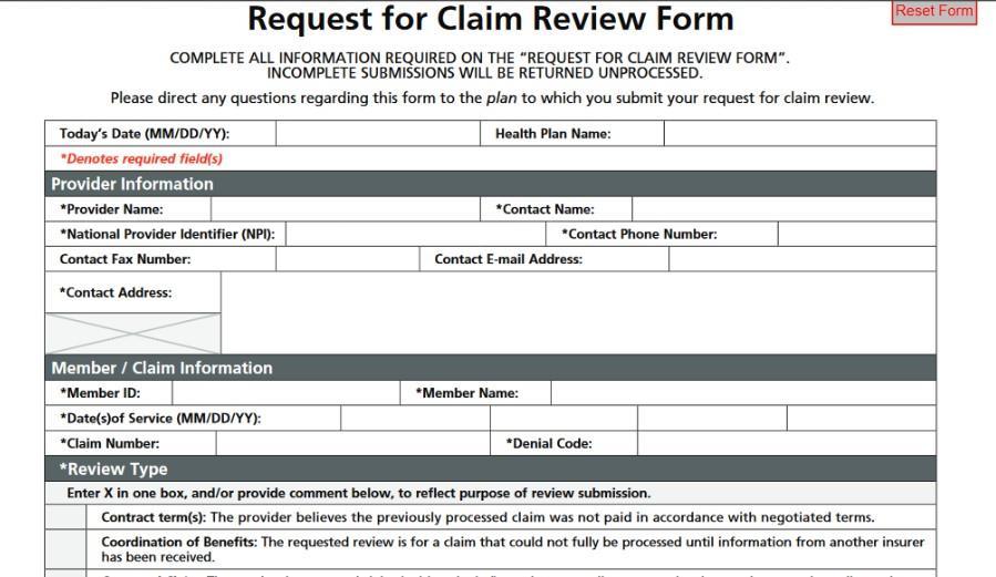 Submitting Payment Disputes By Mail -Commercial or Senior Products A separate Request for Claim Review Form, along with any supporting documentation, is