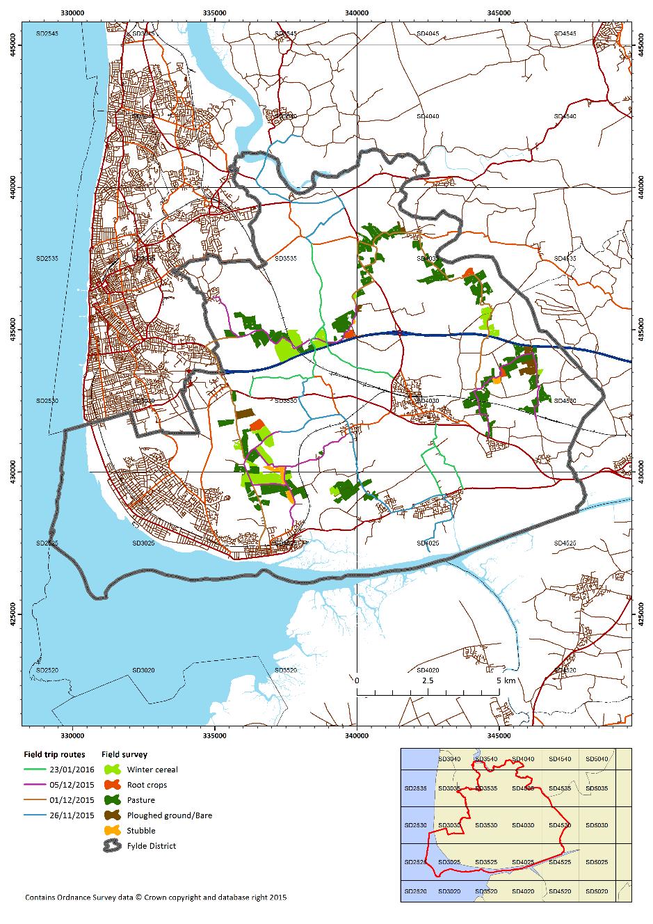 Figure 4.2. Location and types of fields surveyed during pilot field trips within Fylde district.