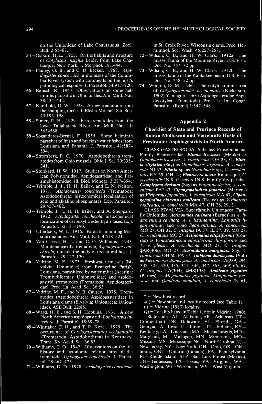 294 PROCEEDINGS OF THE HELMINTHOLOGICAL SOCIETY on the Unionidae of Lake Chautauqua. Zool. Bull. 2:55-67. 54 Osborn, H. L. 1903.