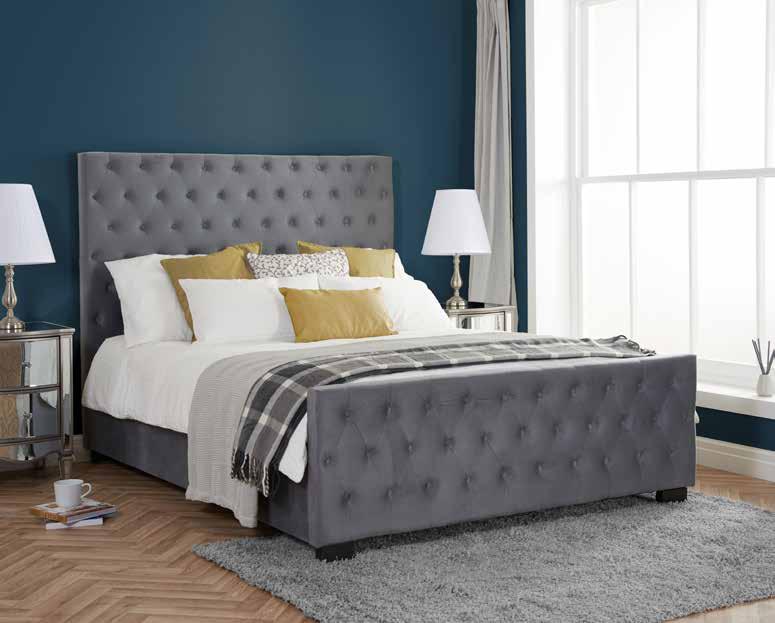 Marquis New In Grey Velvet Foam Screwed Size (cm) HB Height (mm) FB Height (mm) 135 1360 550 150 1360 550 180 1360 550 Fabric Sprung