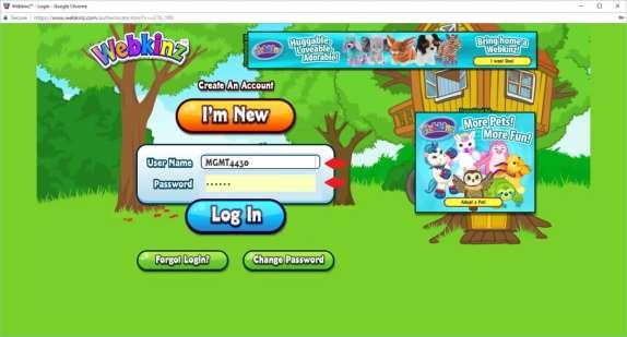 A new window will open. Enter your account login information (see Figure 2). Figure 2. Webkinz Login Screen (see red arrows) Webkinz takes you to your room.