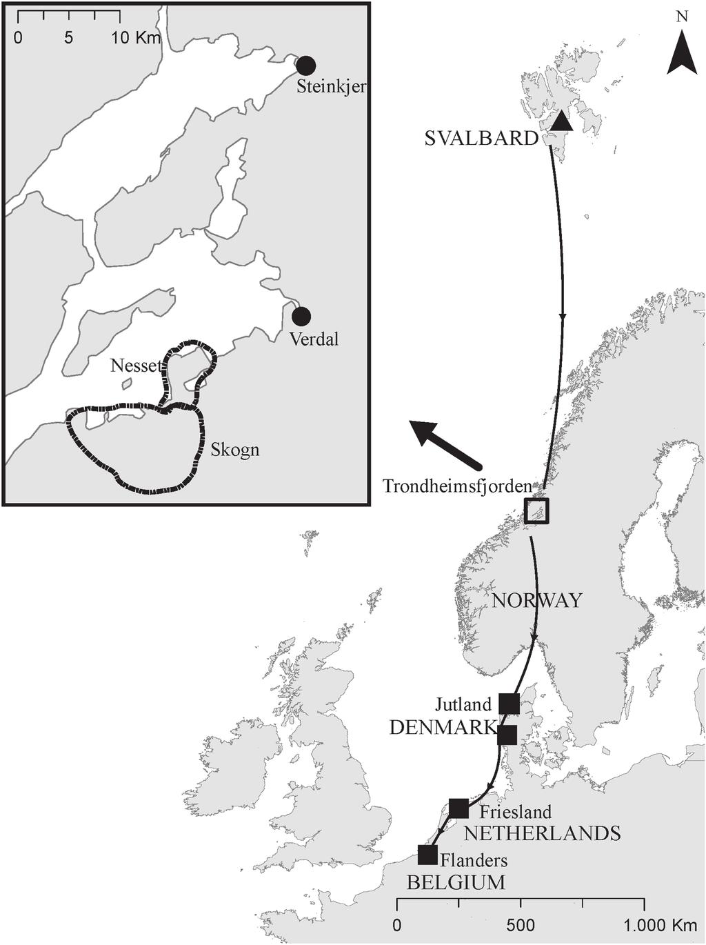 Figure 1. The Svalbard pink-footed goose flyway, major autumn/winter staging areas (squares) and breeding area (triangle).