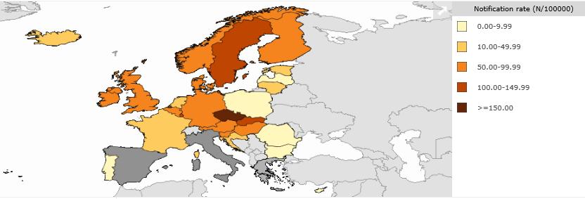 Campylobacter notification rates, 2017 Travel-related cases: 40-80% in Nordic countries (EU 13%)