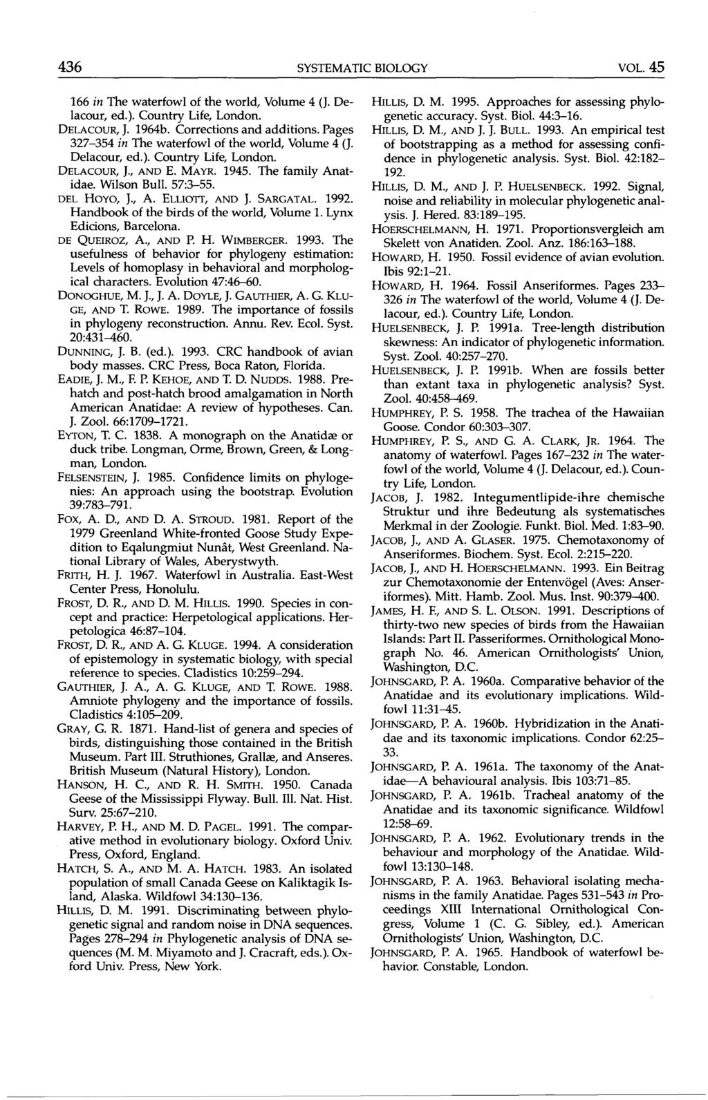 436 SYSTEMATIC BIOLOGY VOL. 45 166 in The waterfowl of the world, Volume 4 (J. Delacour, ed.). Country Life, London. DELACOUR, J. 1964b. Corrections and additions.
