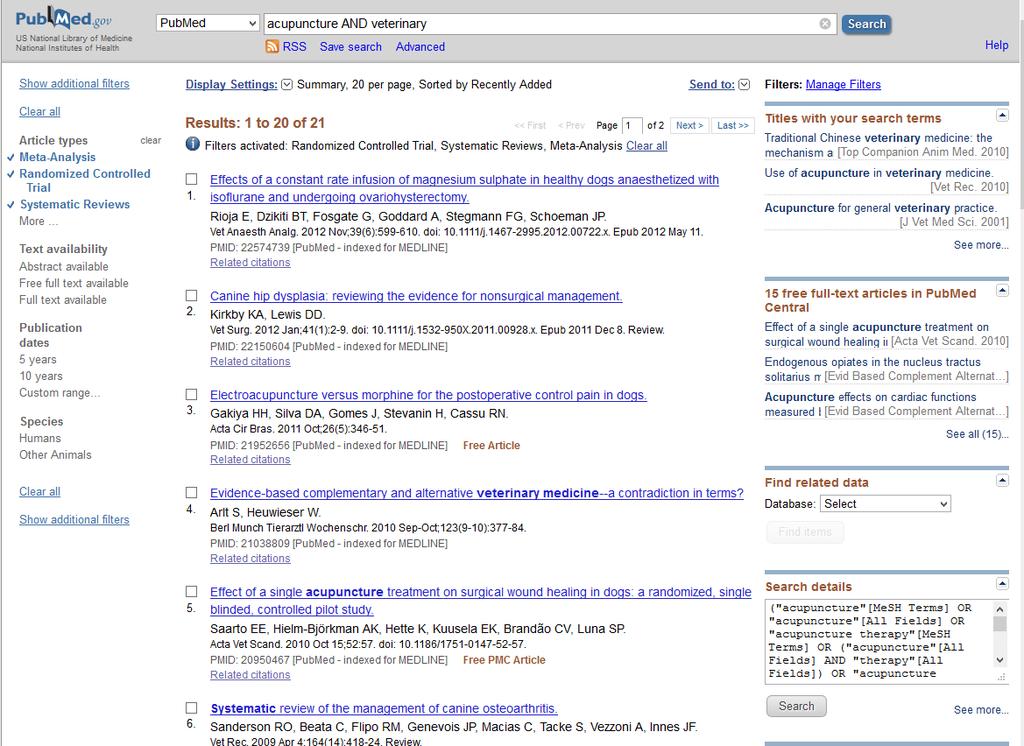PubMed search for better evidence 21 RCT or