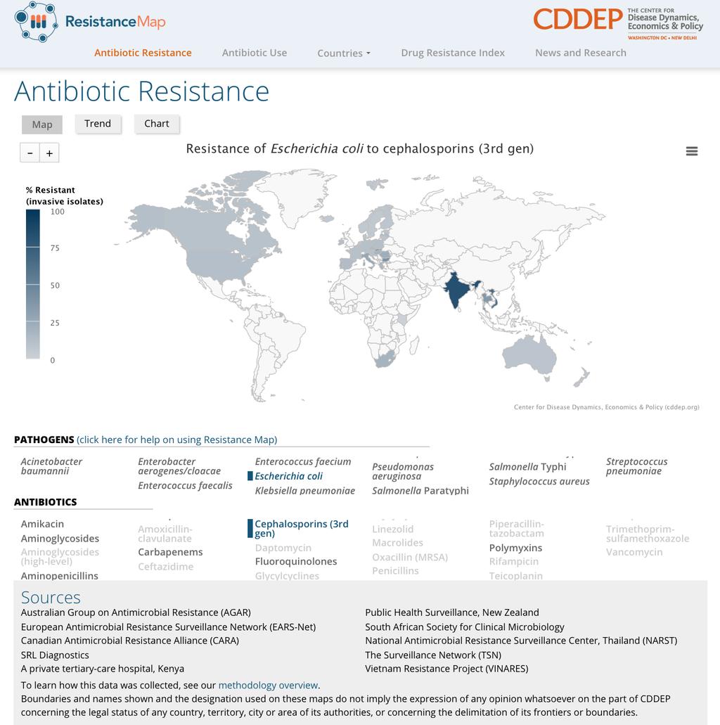 Select map, trend or chart. The landing view on the resistance section displays a map with the most recent resistance data. By default, E. coli s resistance is displayed.
