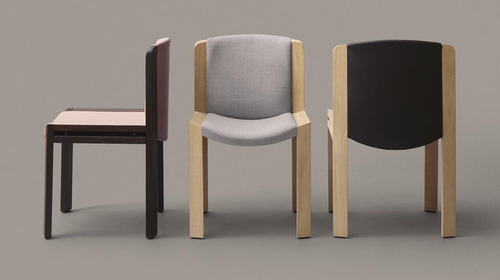 19 Chair 300 Design: Joe Colombo Seat H 45 cm (17 3/4 inches) H 81 cm (32 inches) Materials: Oak frame, upholstered seat/backrest (fabric, leather or nubuck) Frame finishes: Soaped oak, black oak or