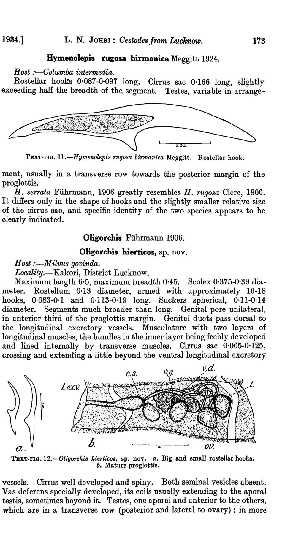 1934.] L. N. JOHRI: Oestodes from Lucknow. 173 Hymenolepis rugosa birmanica Meggitt 1924. Host :'-Oolumba intermedia. Rostellar 'hooks 0 087-0 097 long.