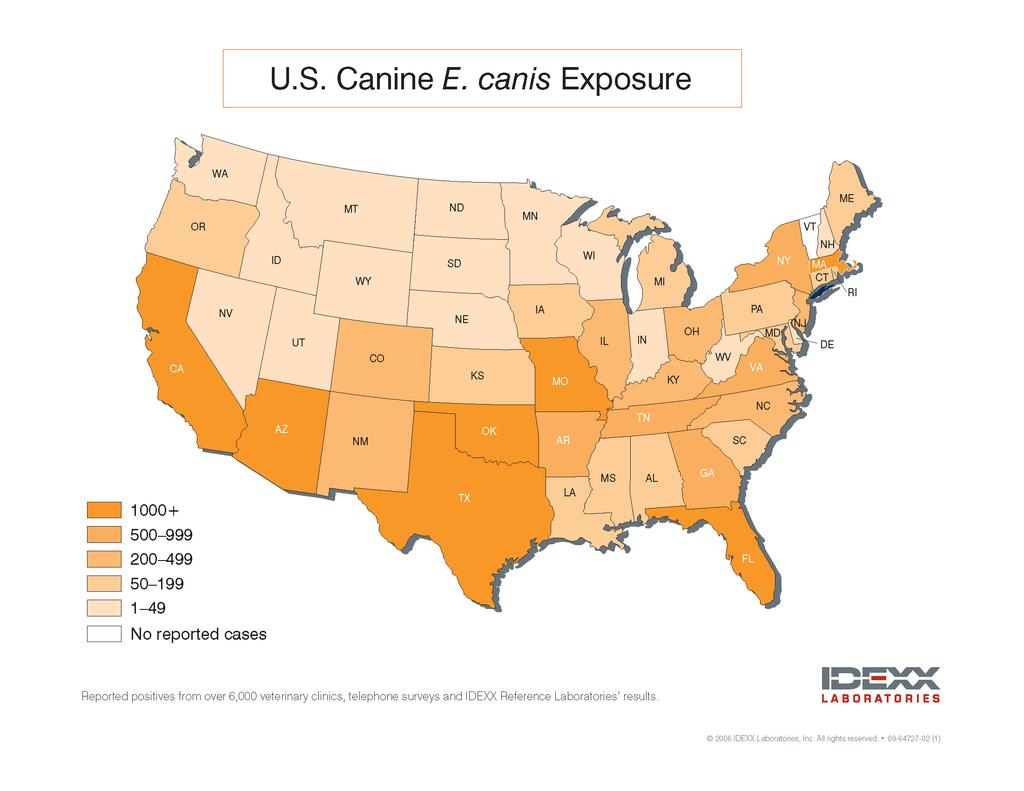 5. Where is the geographic risk for infection (exposure) the greatest? This map denotes exposures in dogs (2005 data) based on ELISA serology for E. canis antibody.