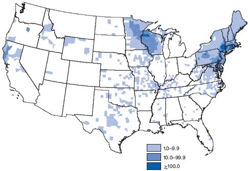 Average Annual Incidence* of Lyme Disease by County of Residence, United States, 1992-2006