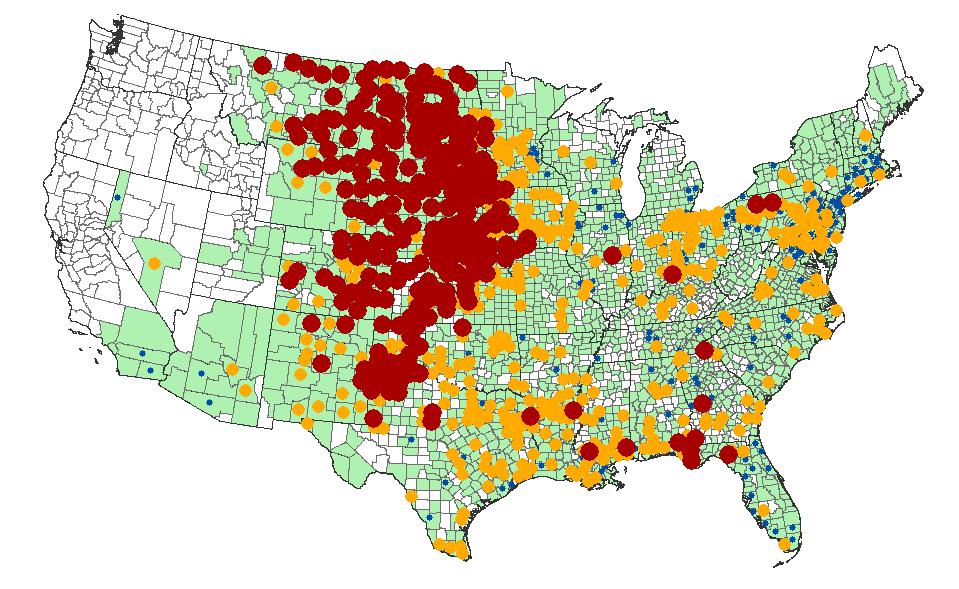 WNND County Level Incidence (cases/million), United States, 2003 Incidence