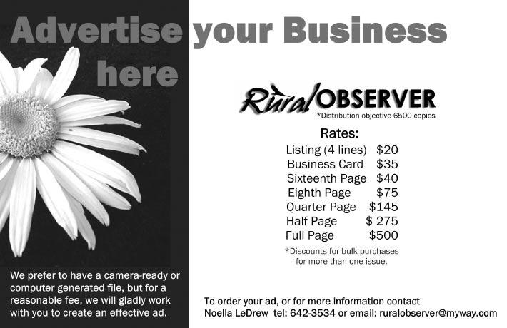 Advertisers DIRECTORY Please help the Rural Observer by supporting our advertisers. When you use their services, tell them you found them in the Rural Observer! Dr.