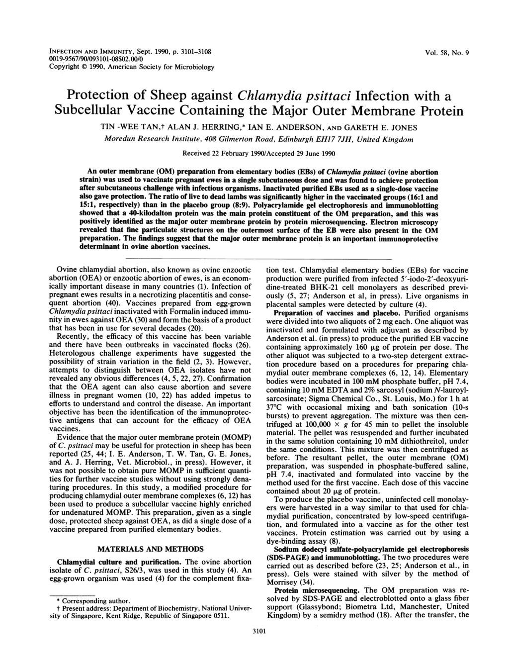 INFECTION AND IMMUNITY, Sept. 1990, p. 3101-3108 0019-9567/90/093101-08$02.00/0 Copyright X) 1990, Americn Society for Microbiology Vol. 58, No.