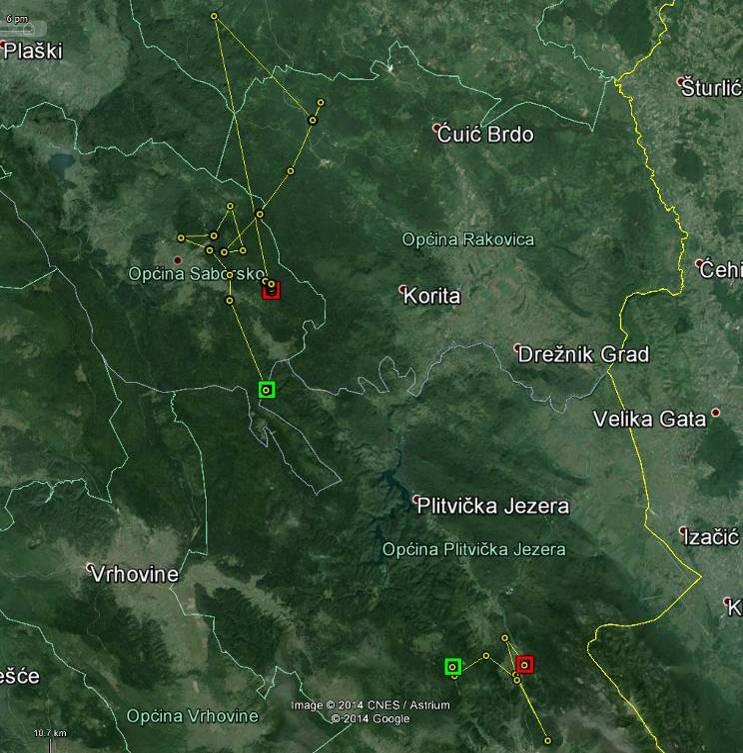 Figure 8. Overview of the movements of the collared wolves W30-Ivanka (northern) and W31-Anđelko (southern) within Plitvice Lakes National Park (Source: J.