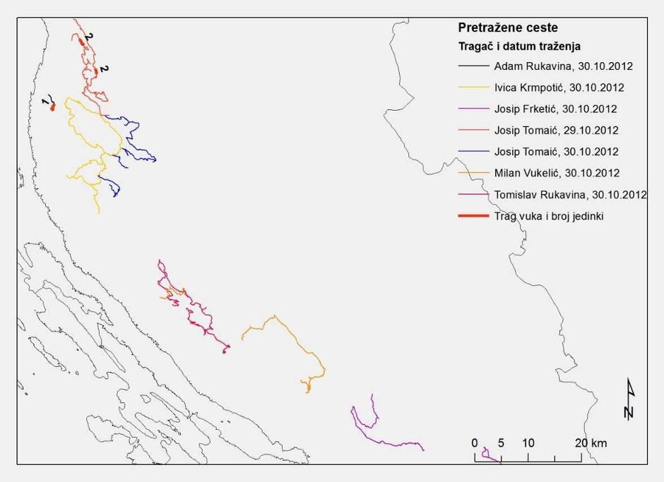 Figure 15. Wolf presence monitoring by snow tracks in the area of Northern Velebit National Park and Velebit Nature Park 2012/13 (drafted by: J.