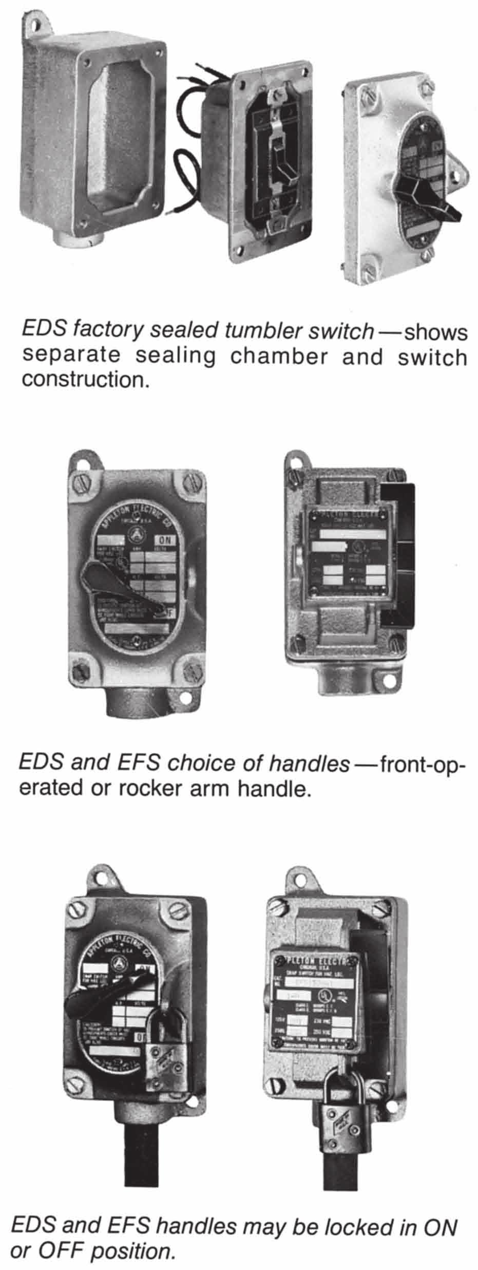 -3 EDS Factory Sealed and EFS Tumbler Switches: Features: EFS on-sealed Tumbler Switches Smooth ground mating surfaces assure flame-tight joint between cover and mounting enclosure.