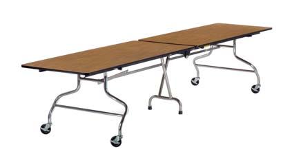 Tables feature a safety device that helps avoid pinched fingers during set-up. Locking mechanism to secure tops when in use.