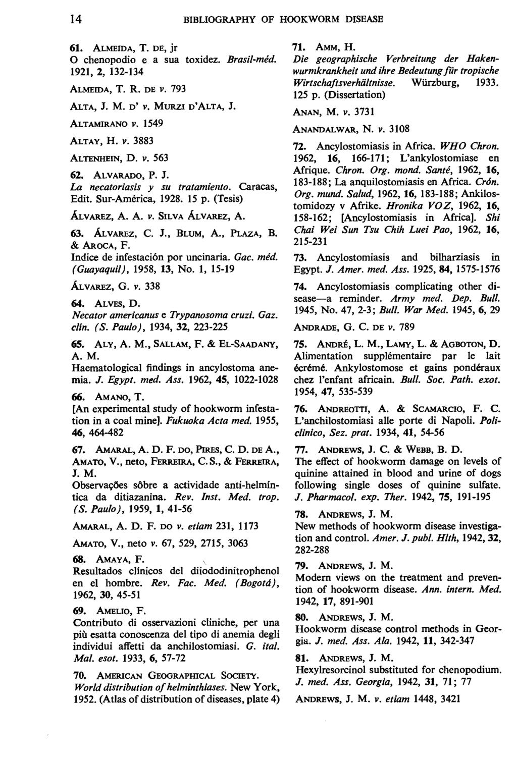 14 BIBLIOGRAPHY OF HOOKWORM DISEASE 61. ALMEIDA, T. DE, jr 0 chenopodio e a sua toxidez. Brasil-med. 1921, 2, 132-134 ALMEIDA, T. R. DE v. 793 ALTA, J. M. D' v. MURZI D'ALTA, J. ALTAMIRANO v.