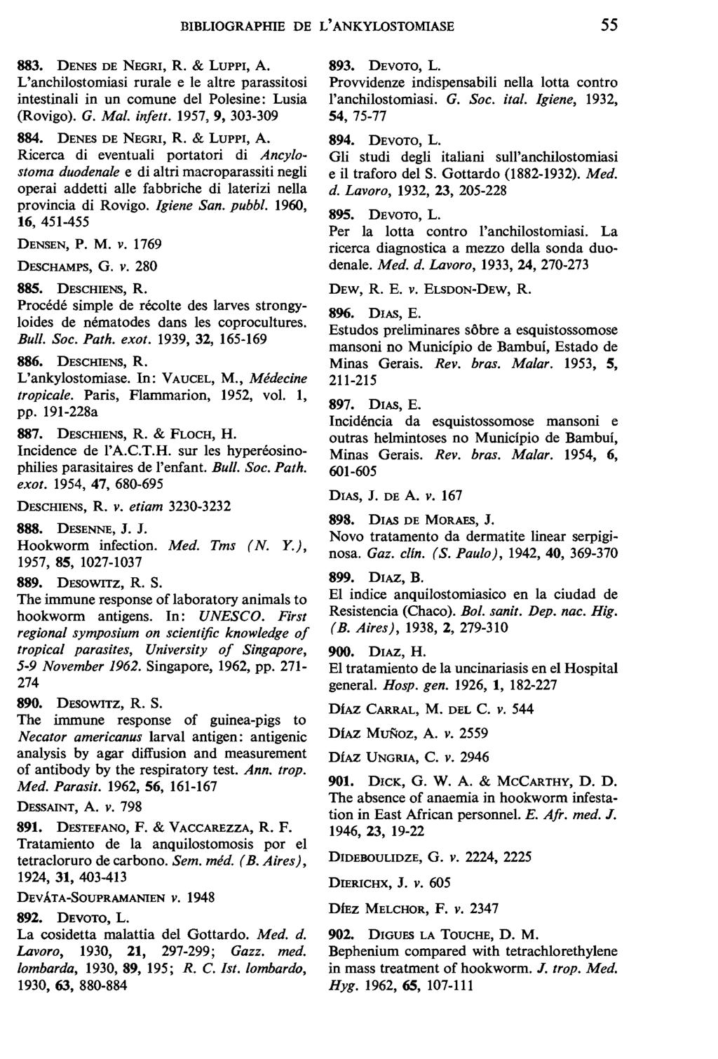 BIBLIOGRAPffiE DE L' ANKYLOSTOMIASE 55 883. DENES DE NEGRI, R. & LUPPI, A. L'anchilostomiasi rurale e le altre parassitosi intestinali in un comune del Polesine: Lusia (Rovigo). G. Mal. infett.