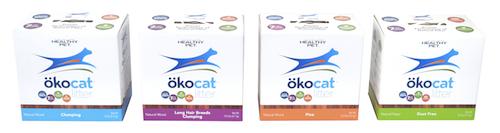 lasting 7-day odor control. Clean packaging for incredible shelf appeal, the ökocat Natural Paper Dust-Free Litter is available in 3 sizes: S (5.1 lb, SRP $5.99), M (8.2 lb, SRP $9.49) and L (12.