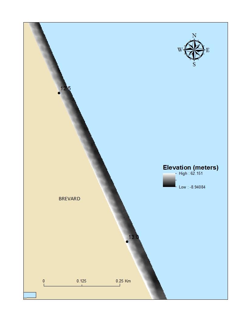 Elevation Figure 3.1: This figure shows an example of the range in elevation exhibited on one half kilometer of the beach.