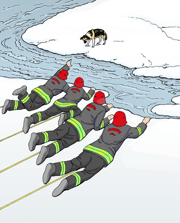 The firefighters could only watch as the ice carried the dog farther down the river.