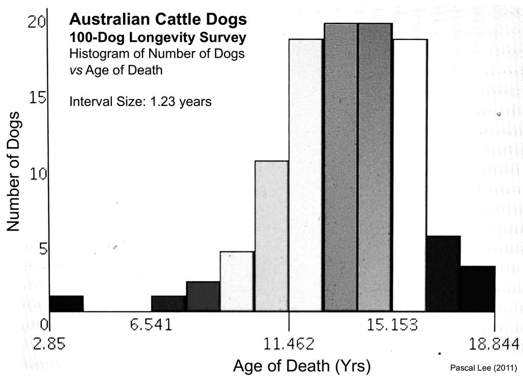 Figure 2. Histogram showing the number of Australian Cattle Dogs vs their Age of Death, in age intervals of 1.23 years.