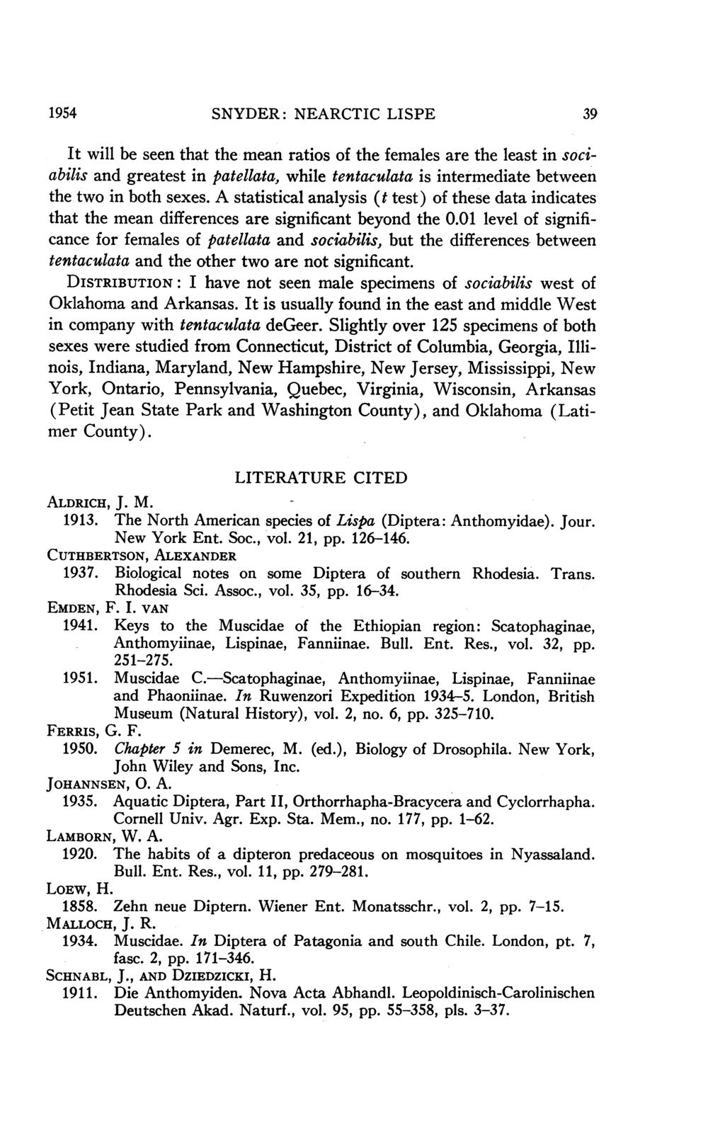 1954 SNYDER: NEARCTIC LISPE 39 It will be seen that the mean ratios of the females are the least in sociabilis and greatest in patellata, while tentaculata is intermediate between the two in both