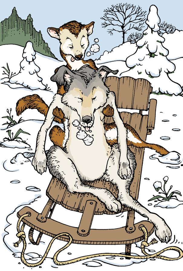 The weasel finally managed to load up the wolf and tugged the sled to his house at the edge of the village.