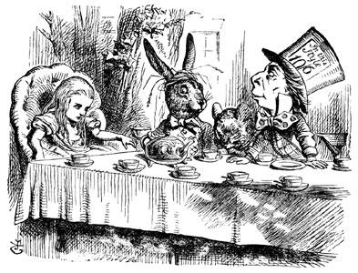 Chapter VII: A Mad Tea-Party There was a table set out under a tree in front of the house, and the March Hare and the Hatter were having tea at it: a Dormouse was sitting between them, fast asleep,