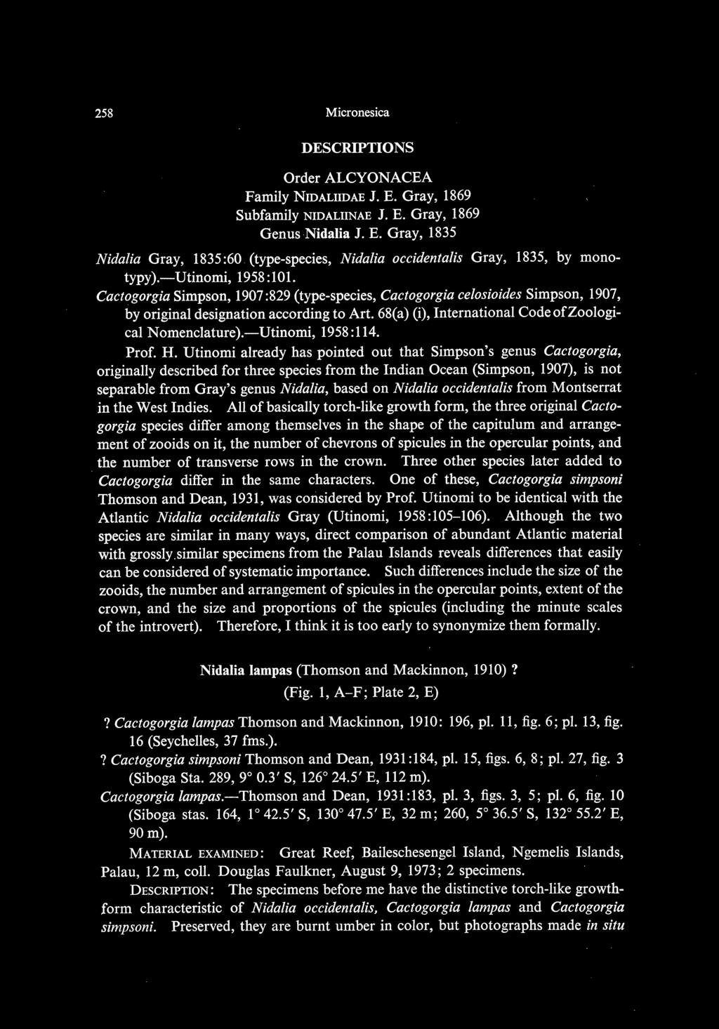 258 Micronesica DESCRIPTIONS Order ALCYONACEA Family NIDALIIDAE J.E. Gray, 1869 Subfamily NIDALIINAE J. E. Gray, 1869 GenusNidalia J.E. Gray, 1835 Nidalia Gray, 1835 :60 (type-species, Nidalia occidentalis Gray, 1835, by monotypy).