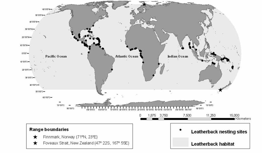 Figure 4. Global distribution of the Leatherback Sea Turtle and known nesting locations. From Eckert et al. (2009).