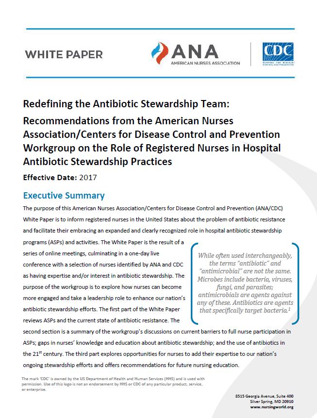 Nurses in Antimicrobial Stewardship Activities ASP Task Core Elements Example of Nurse s Role Triage/Isolation Early / appropriate culture Adverse events monitoring Antibiotic dosing Transition of
