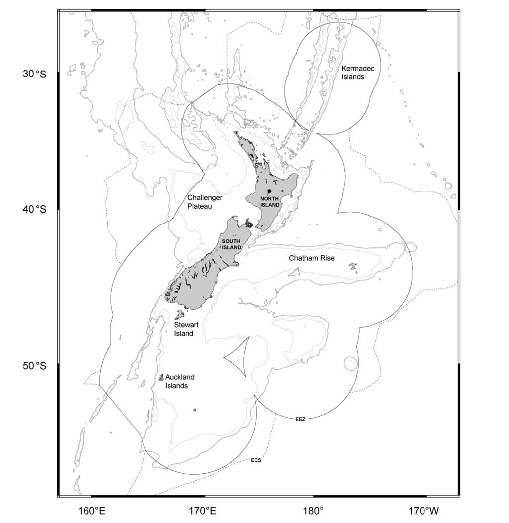 Figure 1. Study area, showing boundaries of the New Zealand Exclusive Economic Zone (EEZ) (solid lines) and Extended Continental Shelf Zone (ECS) (broken lines).