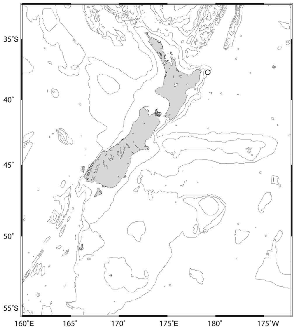 Figure 6. New Zealand distribution of Bathysquilla microps (Manning, 1961). 1200 m, FV Ocean Fresh, Z10069, coll. D. Wrightson, Dec 1999.