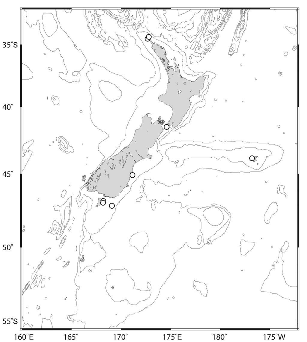 Figure 25. New Zealand distribution of Heterosquilla koning sp. nov. Rostral plate triangular broader than long; anterior lateral margins faintly concave; apex angular; dorsum smooth.