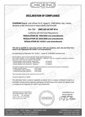 Certified Food Compliance To protect Consumer s health, CHIORINO process and conveyor belts comply with the latest european and international Food Regulations: REGULATION EC 1935/2004 and amendments