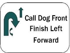 222 A, E, M S Halt, U Turn: Handler stops, dog sits in heel position. Team makes an about turn to the left and moves forward in heel position.
