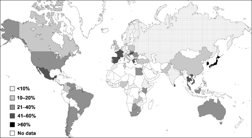 20 Clinical Microbiology and Infection, Volume 8 Supplement 2, 2002 Figure 1 Prevalence of penicillin nonsusceptibility in Streptococcus pneumoniae across the world (various sources, data correct up